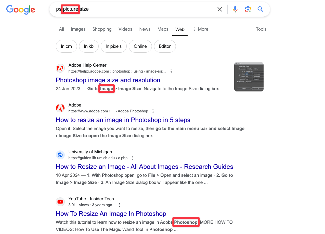 Google search on ps picture size