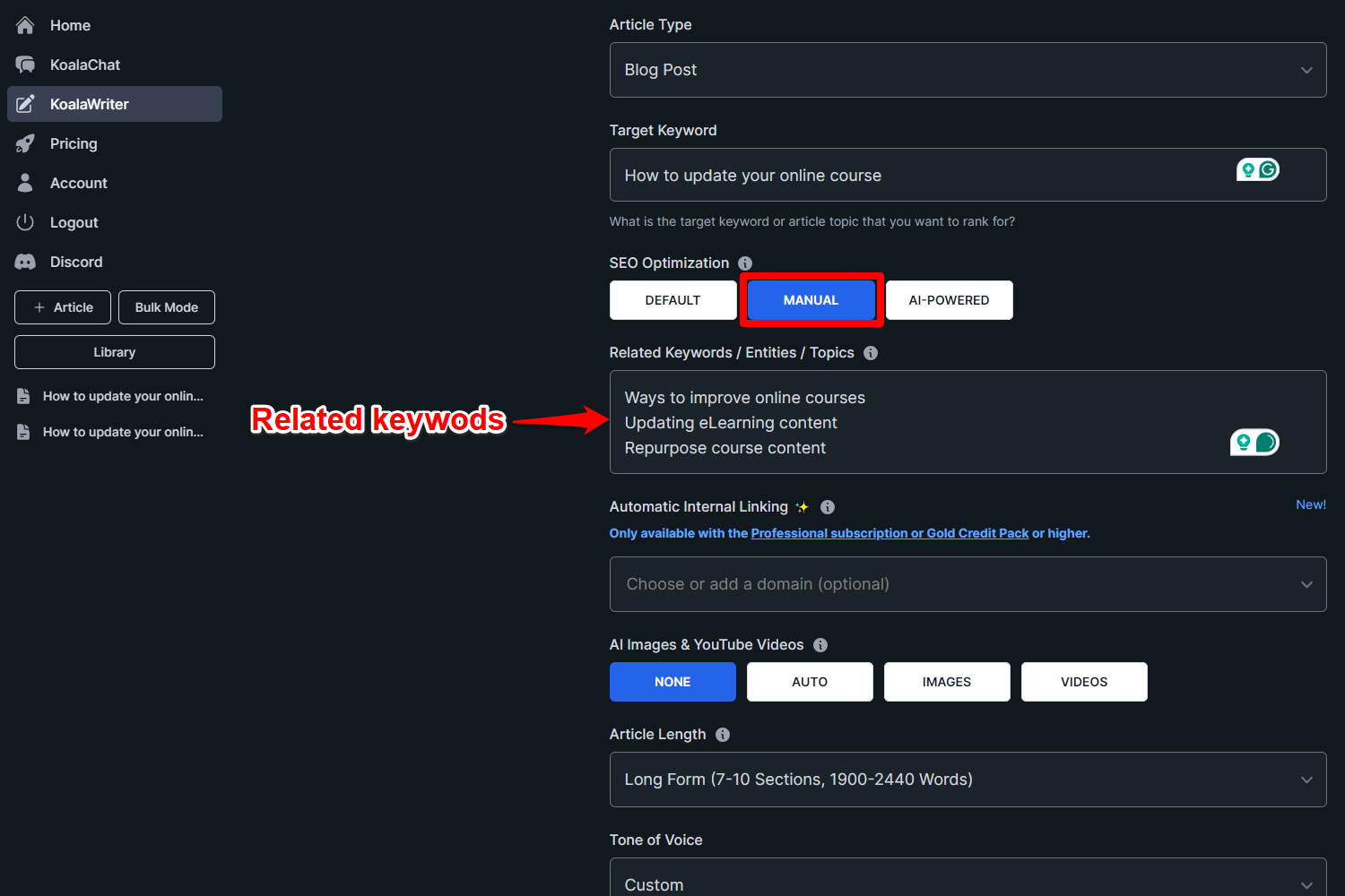 Manual SEO optimization in KoalaWriter