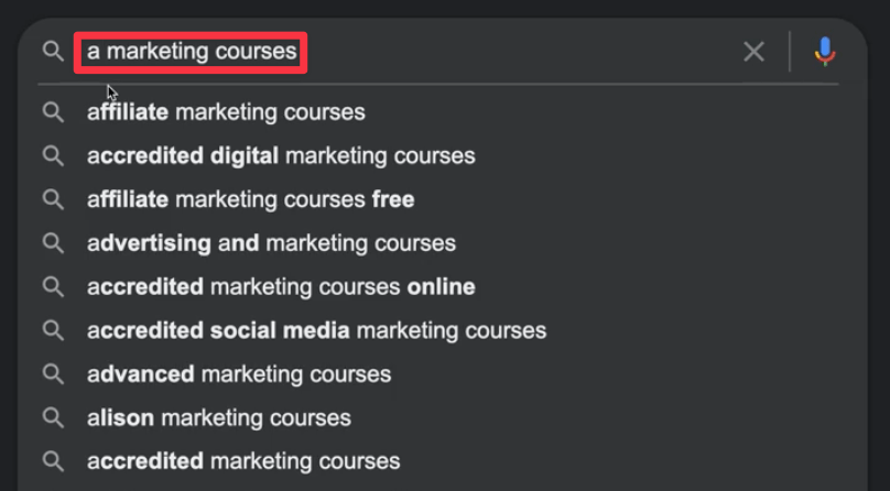 Marketing course keywords