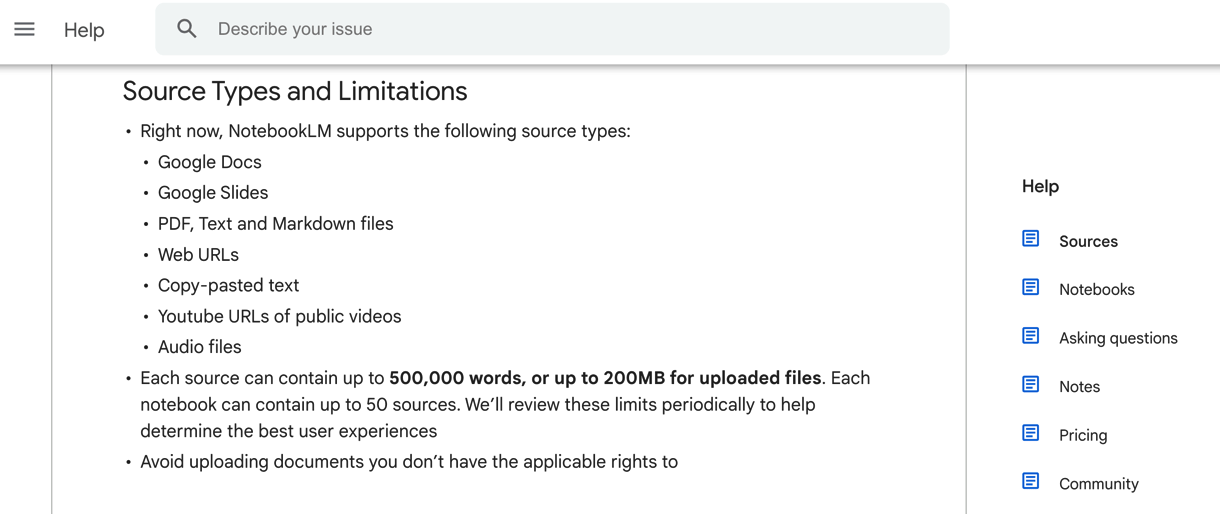 NotebookLM source size