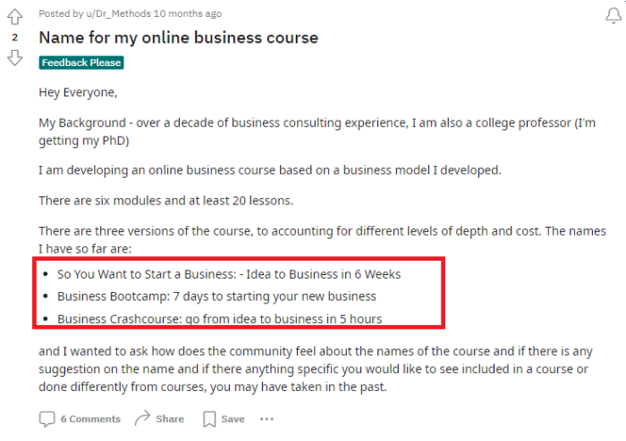 Reddit Course Name Suggestions