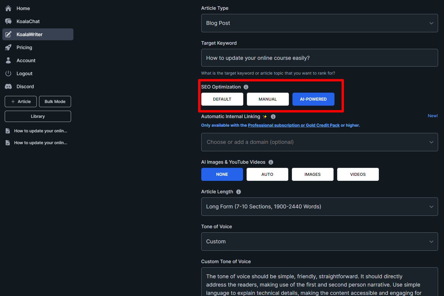 SEO Settings in KoalaWriter