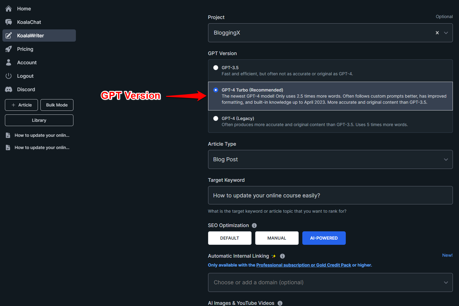 Selecting GPT version