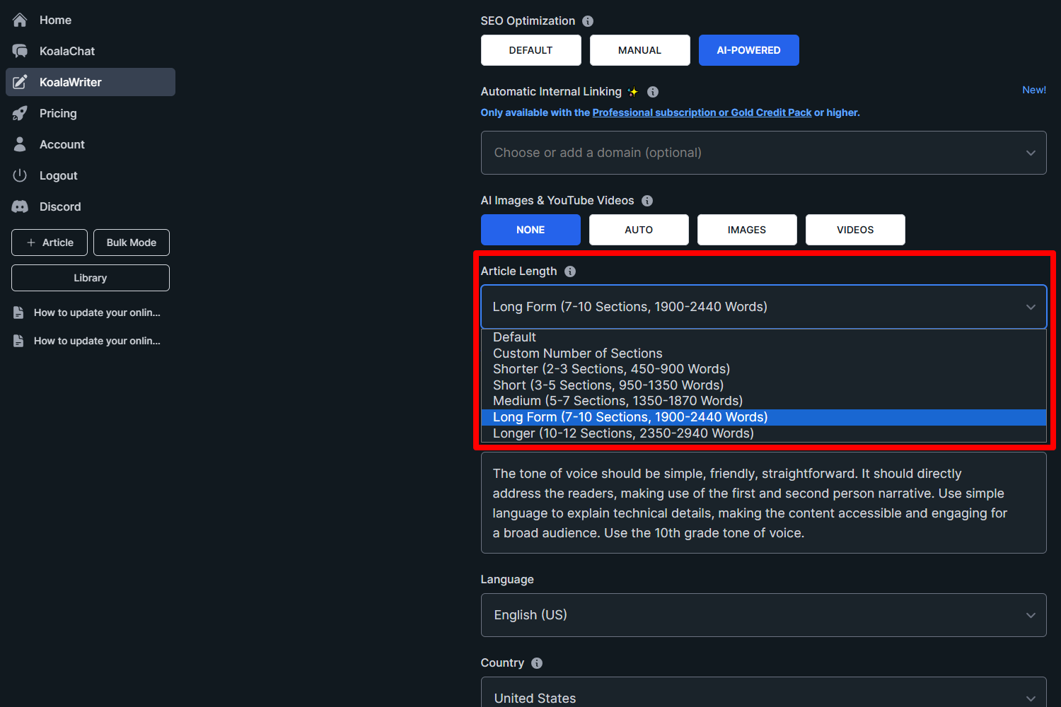 Selecting article length