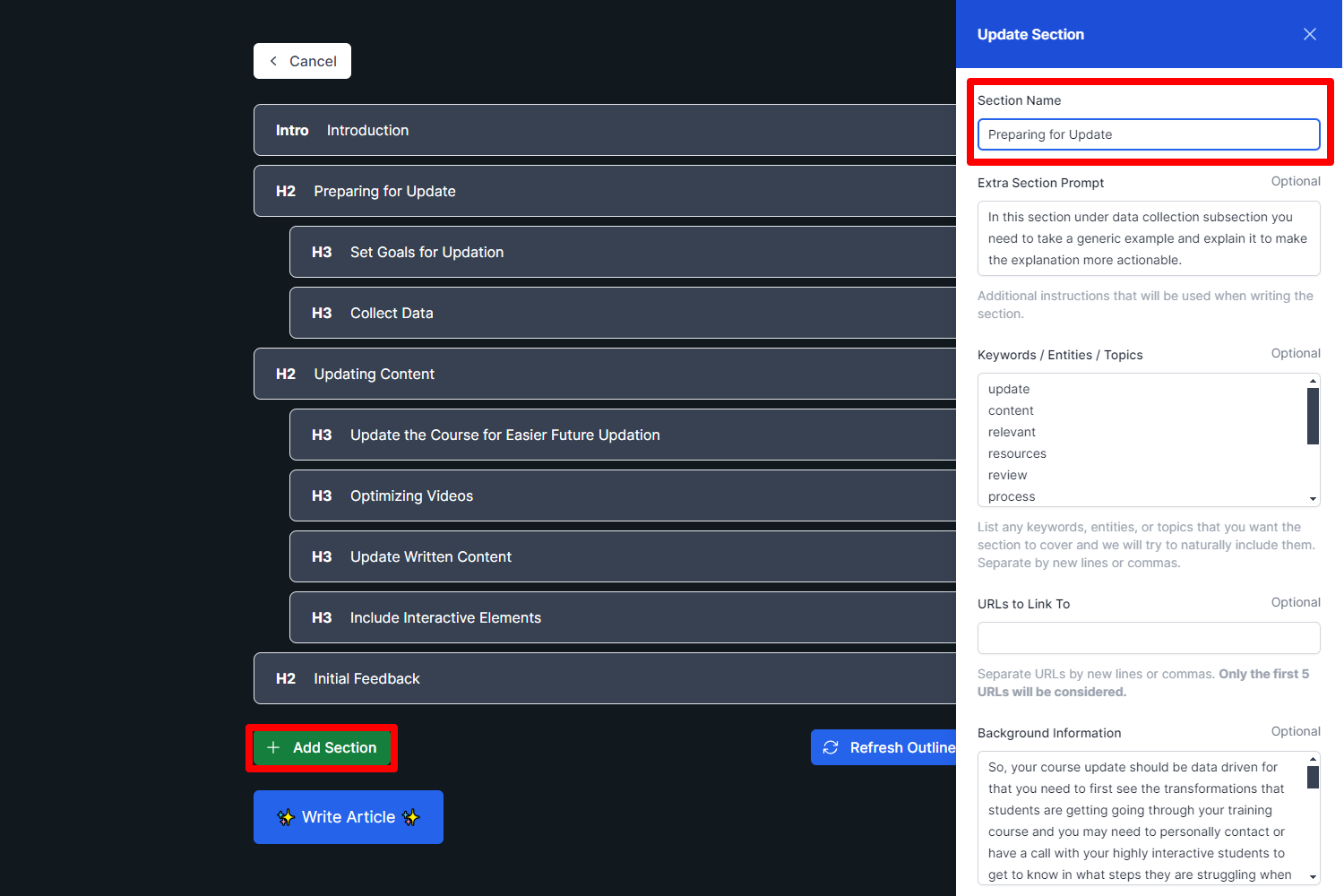 Using outline editor