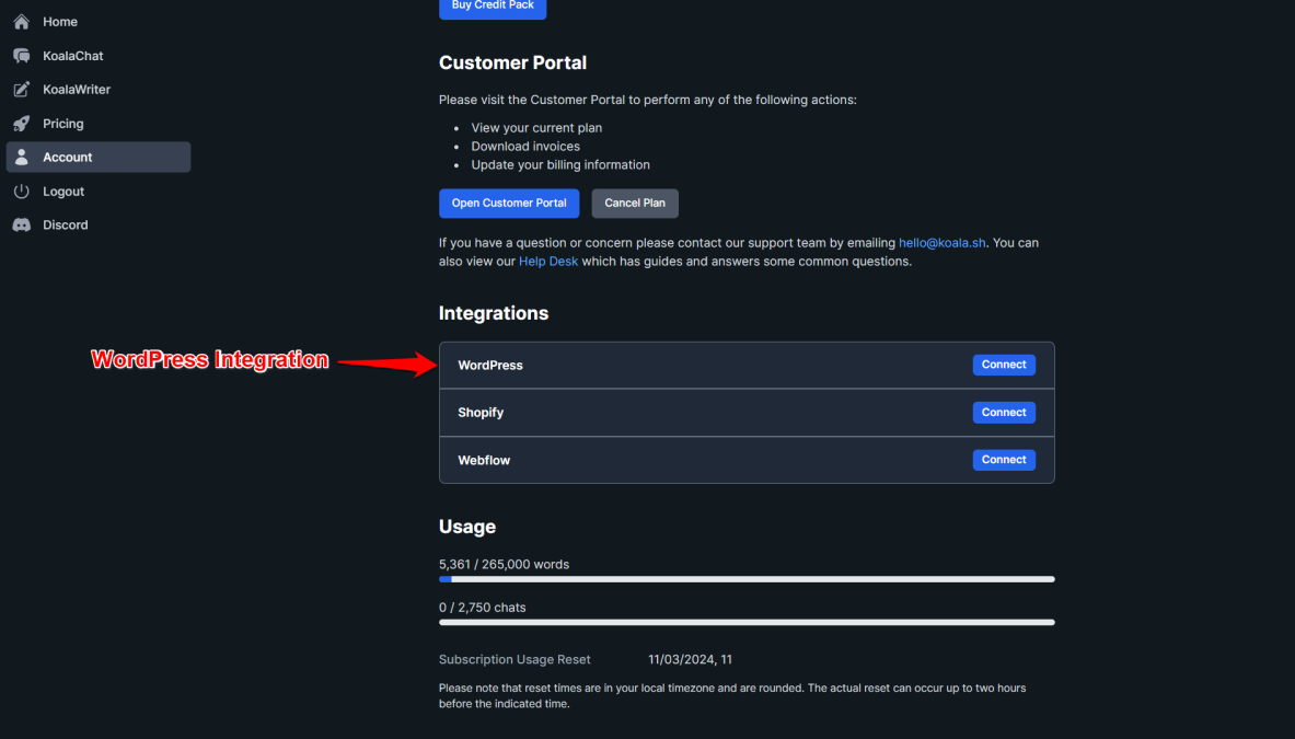 WordPress intergration in KoalaWriter