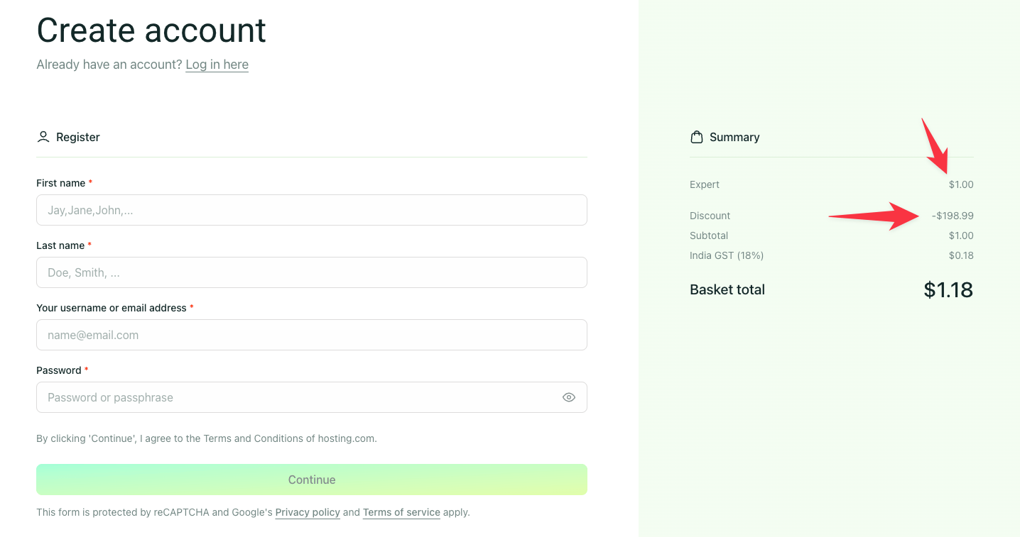 A2 hosting checkout page