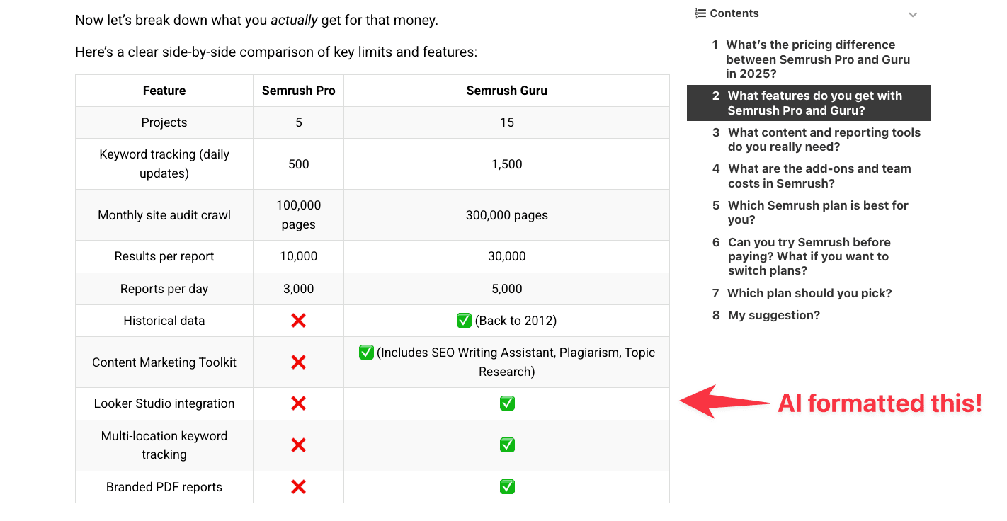 AI formatting a table to compare features