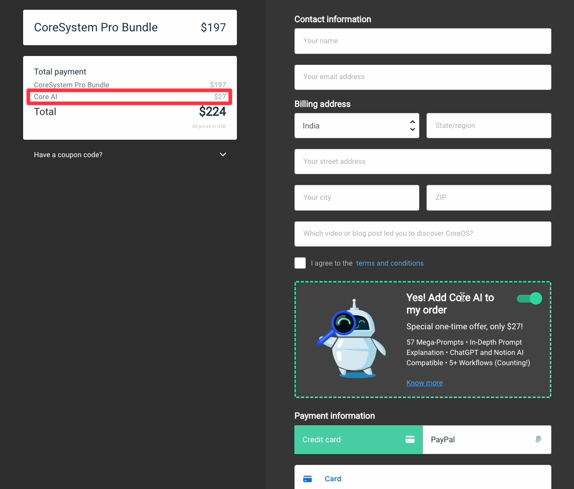 Coresystem checkout page