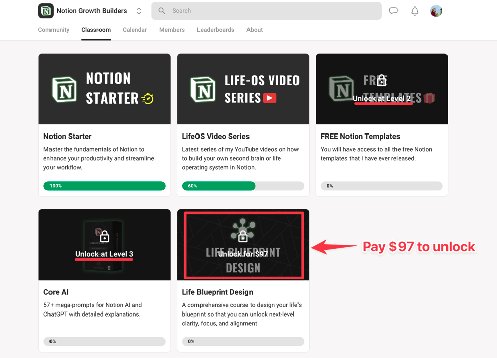 Course unlock feature in Skool