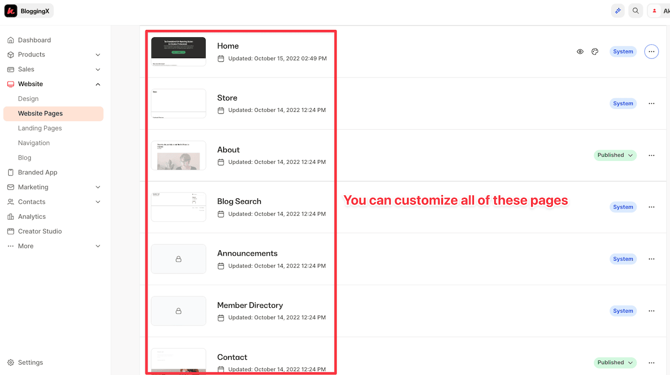 Kajabi website pages