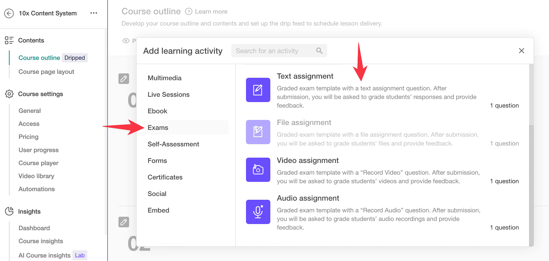 LearnWorlds assessment types