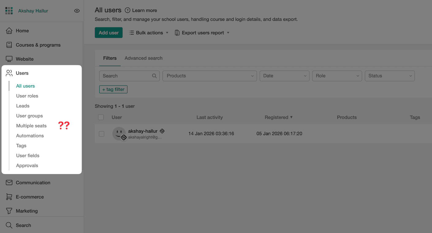 LearnWorlds cluttered interface