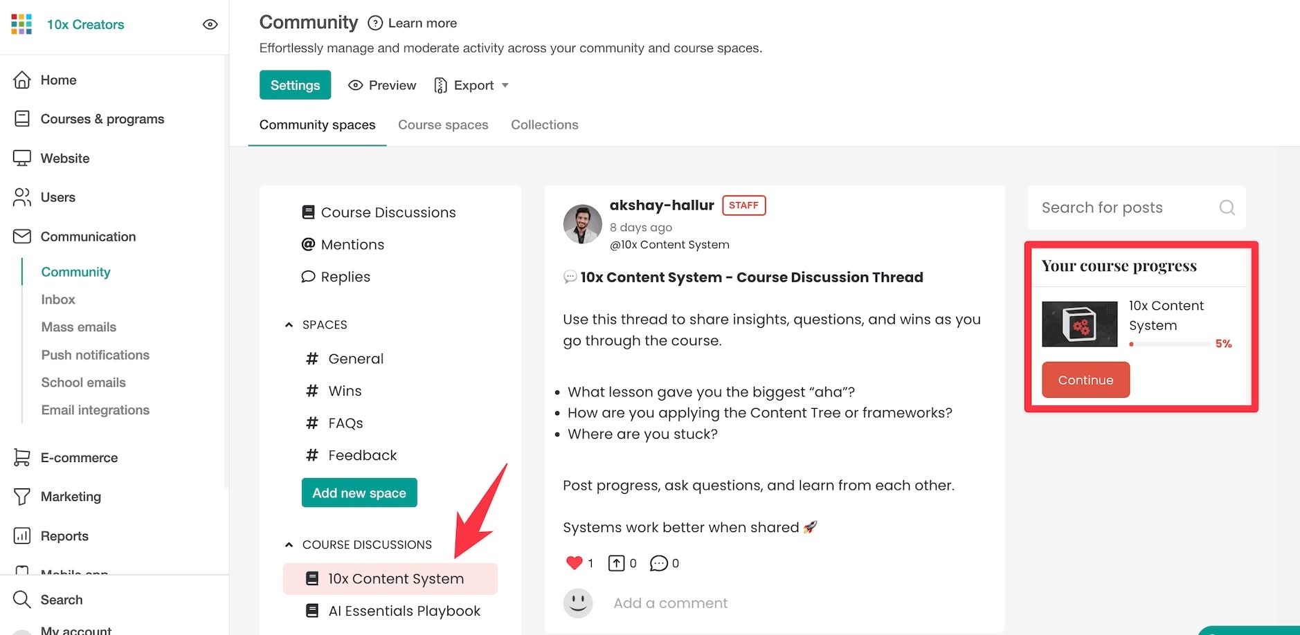 LearnWorlds community course discussions