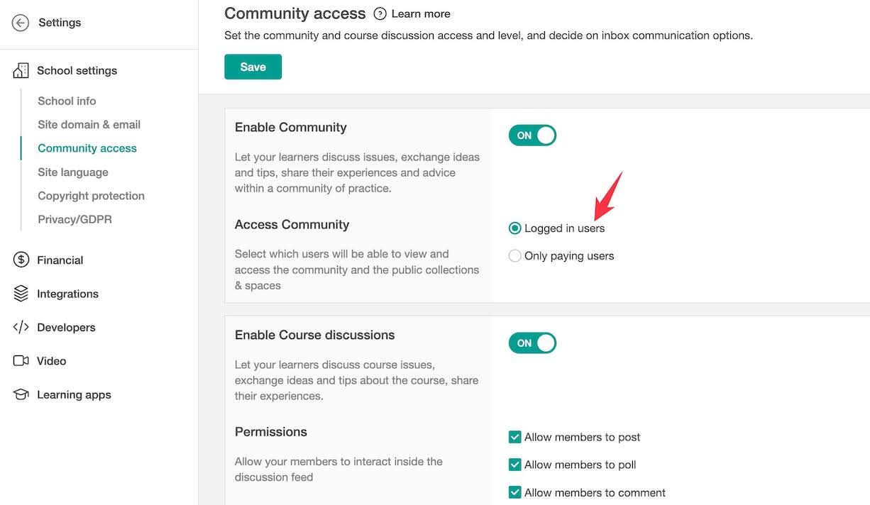LearnWorlds community access settings