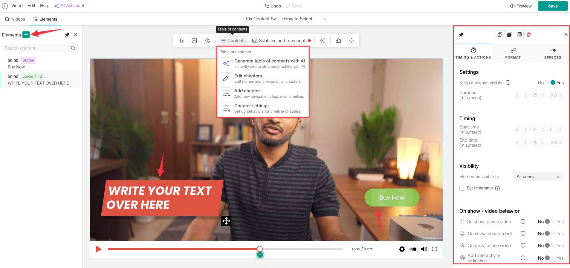 LearnWorlds interactive video elements