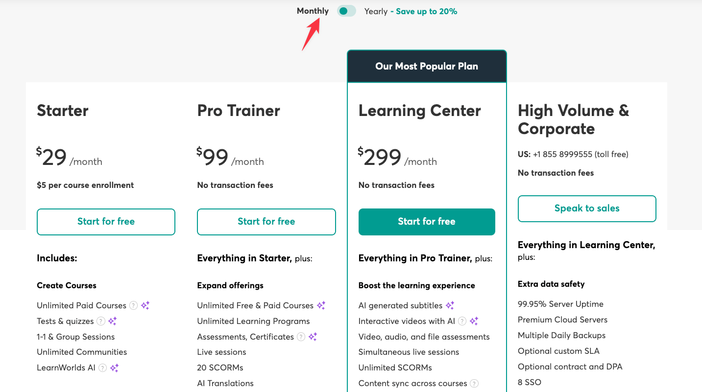 Learnworlds monthly pricing 2