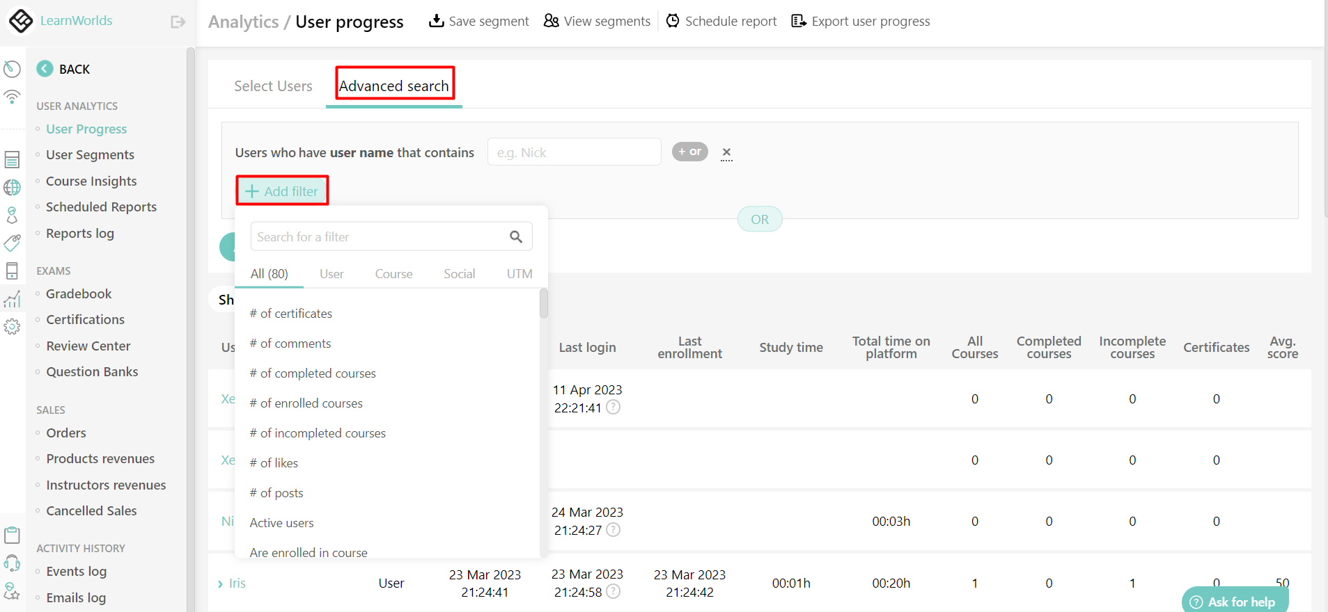 Learnworlds student progress