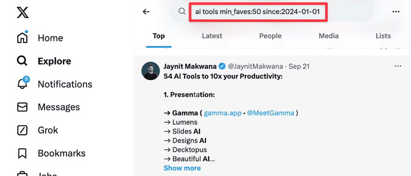 Search for AI tools in X
