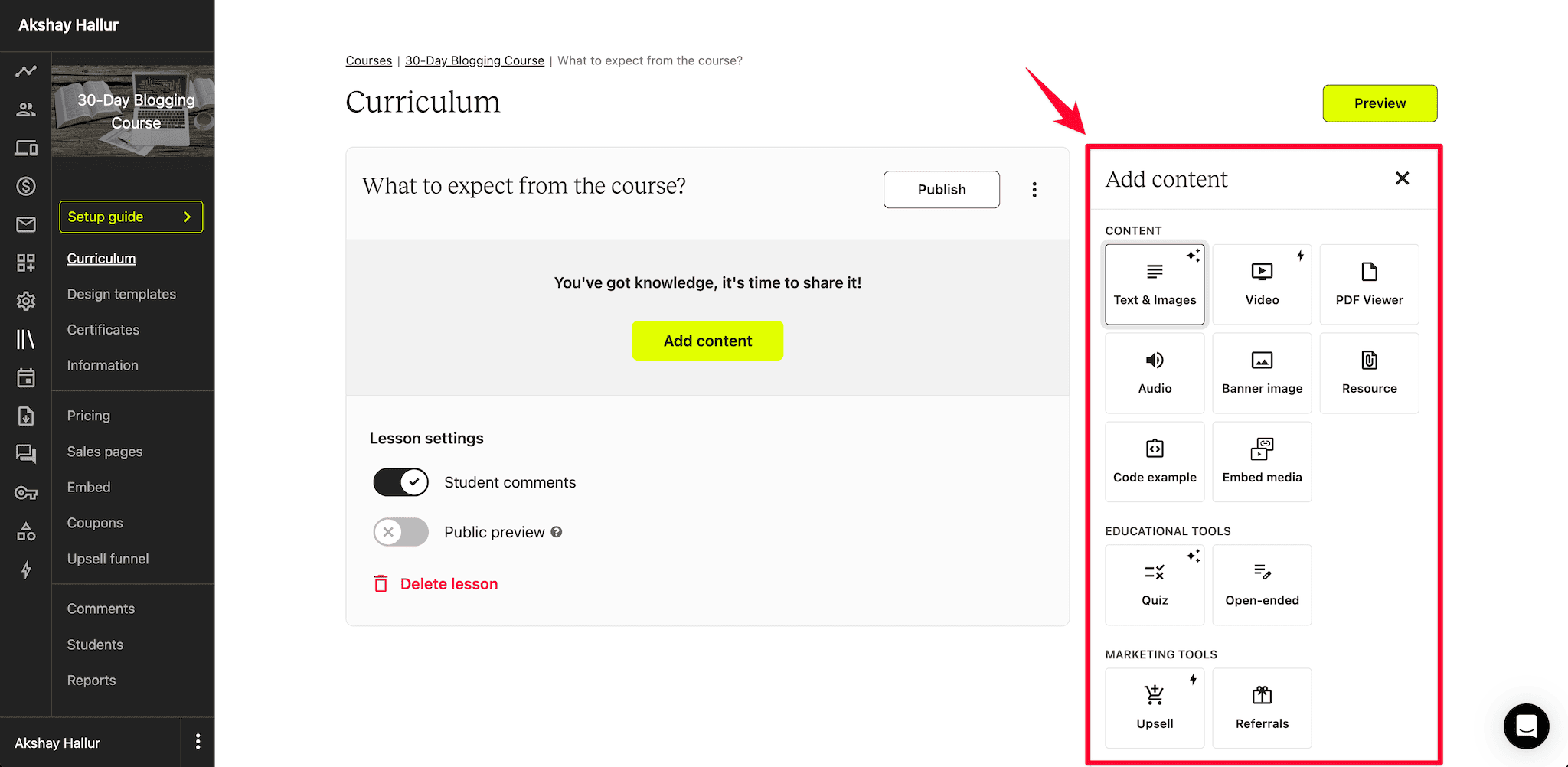 Teachable course builder