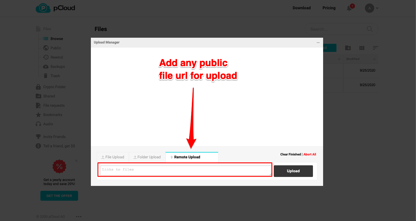 pcloud remote upload feature
