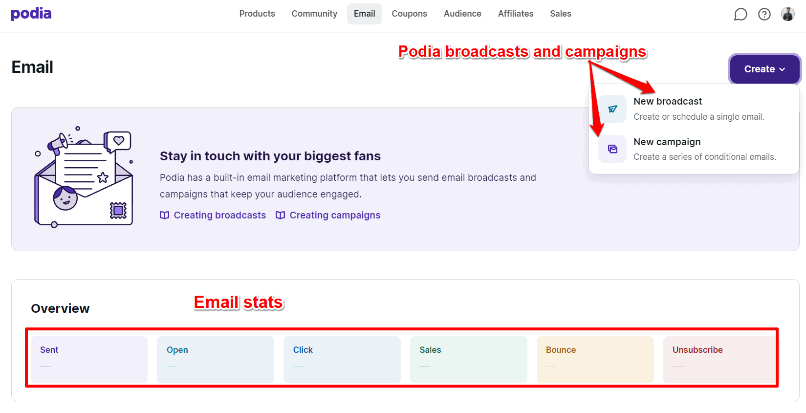 podia broadcasts and campaigns