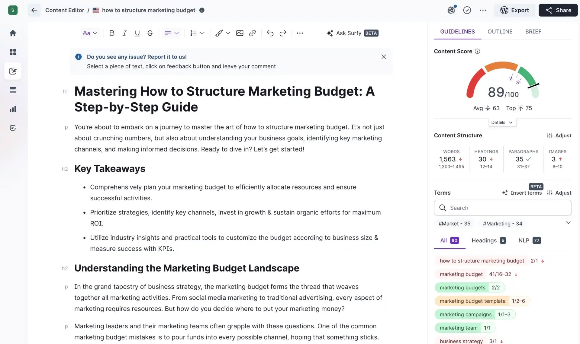 surfer seo content editor
