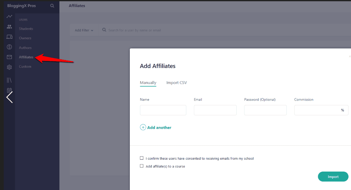 teachable adding affiliates