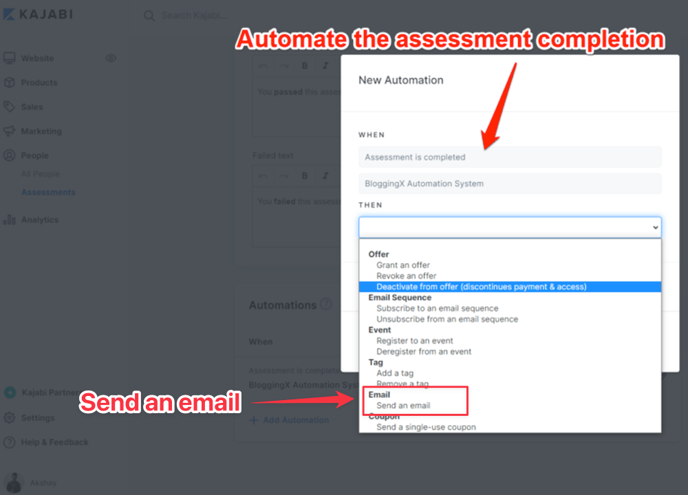 Automate assessment in Kajabi