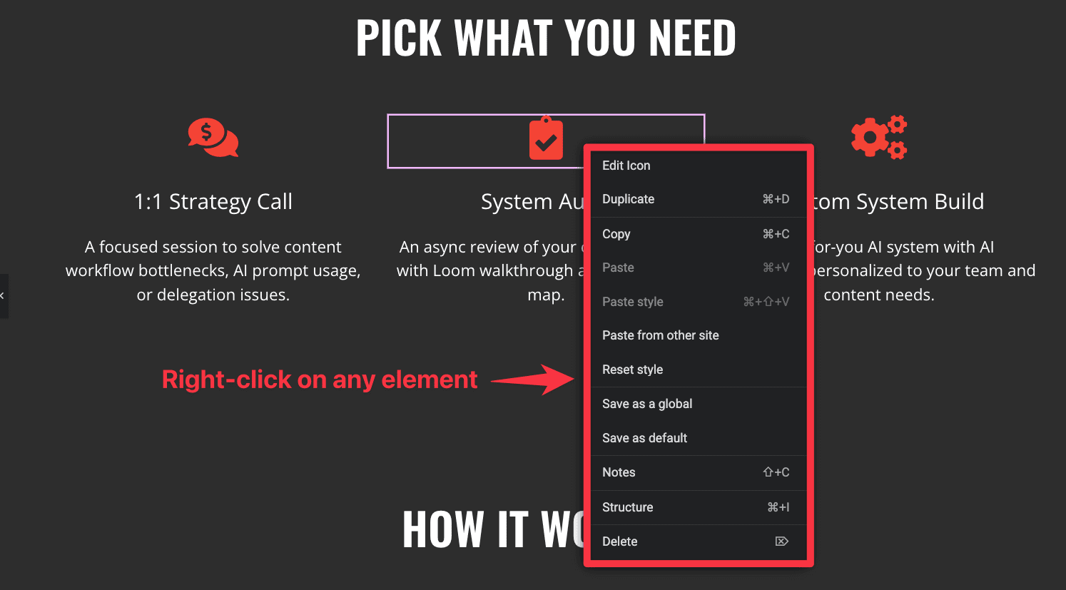 Elementor right click menus