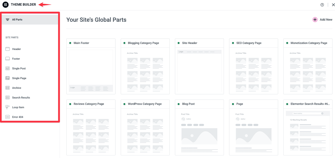 Elementor theme builder