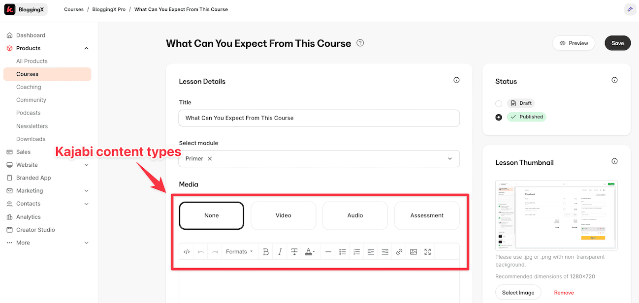 Kajabi content types