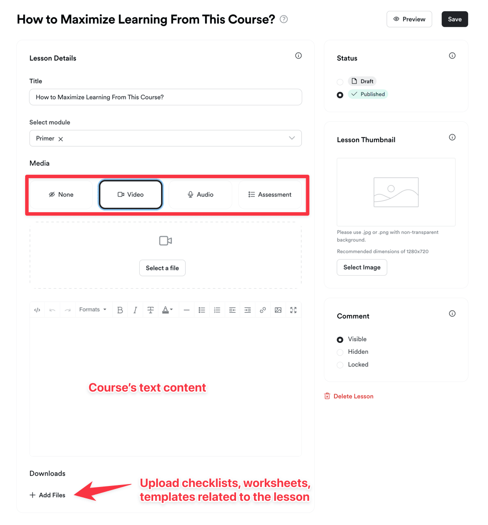 Kajabi lesson creation page 1