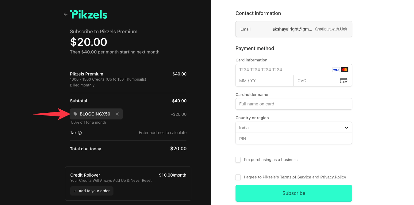 Pikzels checkout page