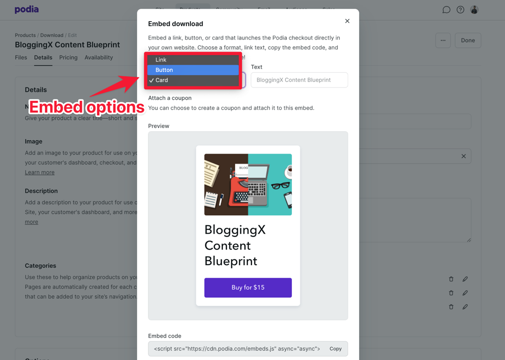 Podia checkout embed option