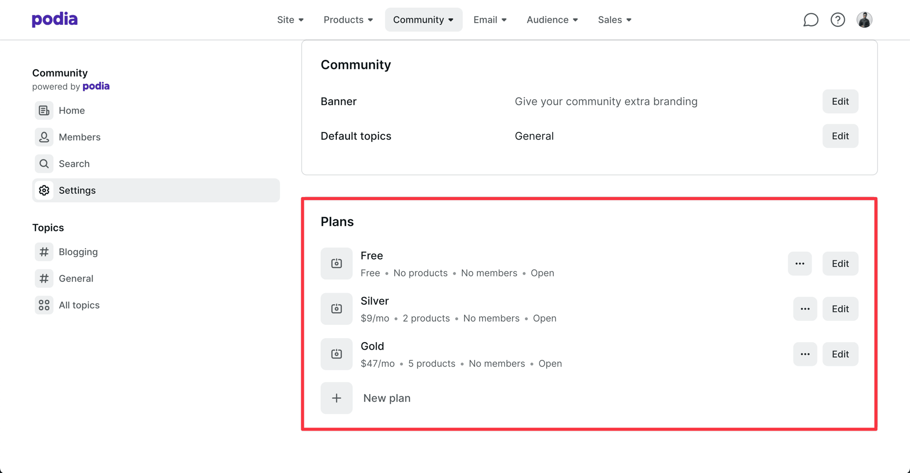 Podia community plans