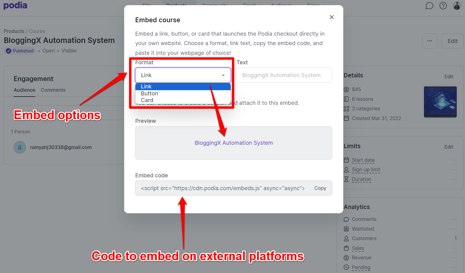 Podia course embed options