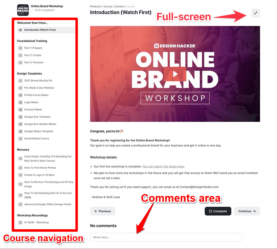 Podia course interface