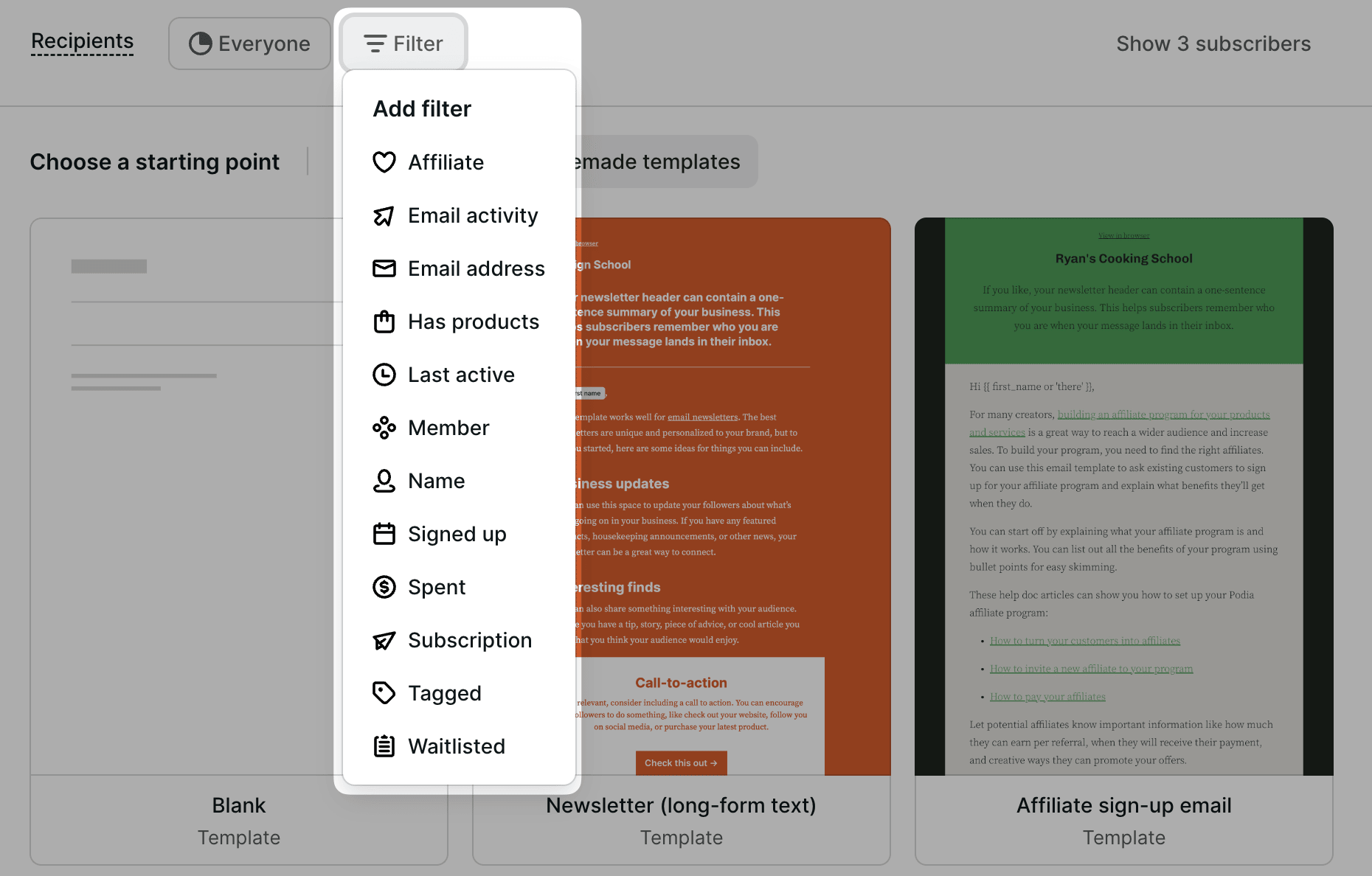 Podia email filter conditions