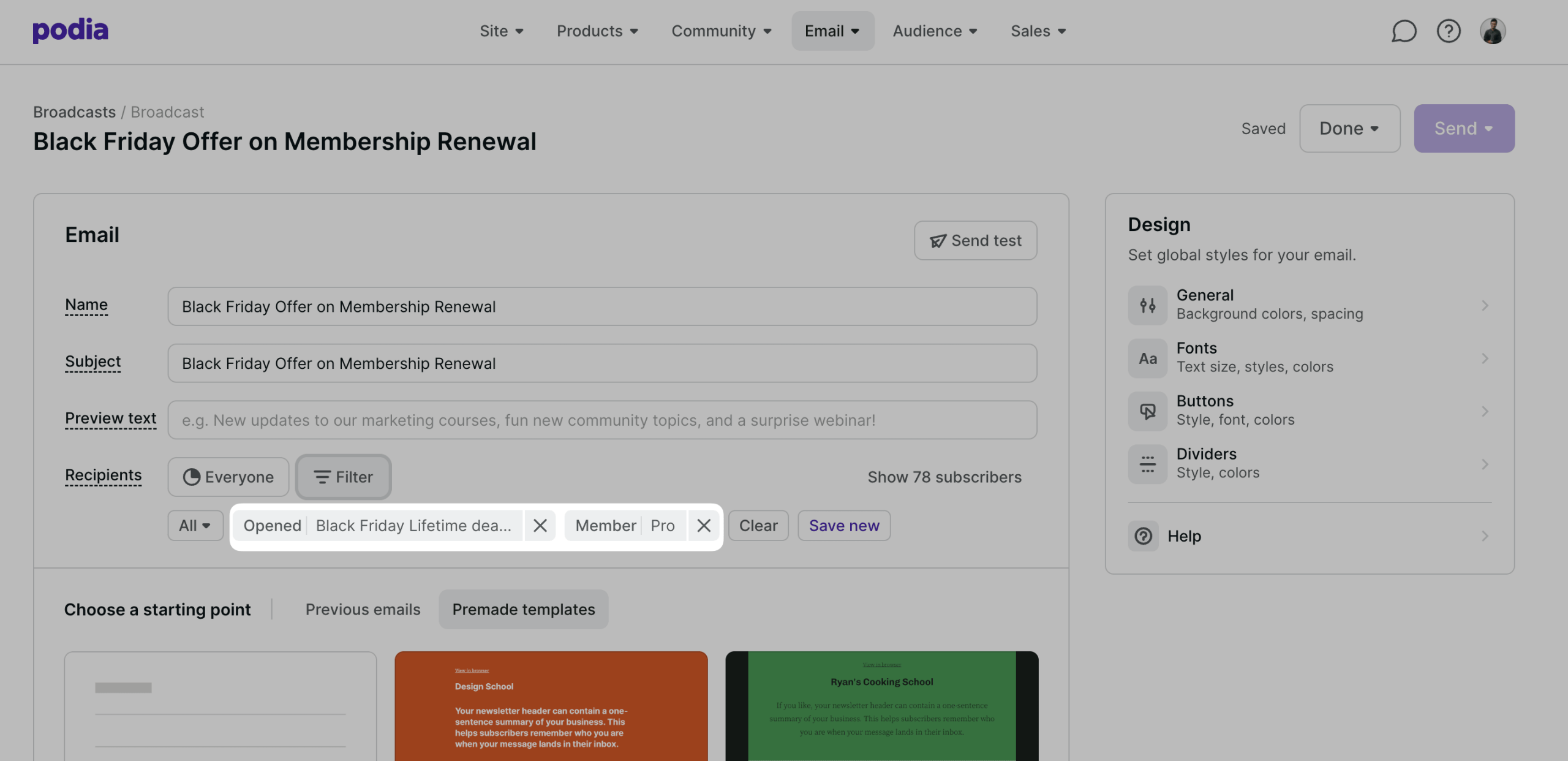 Podia email segments scaled
