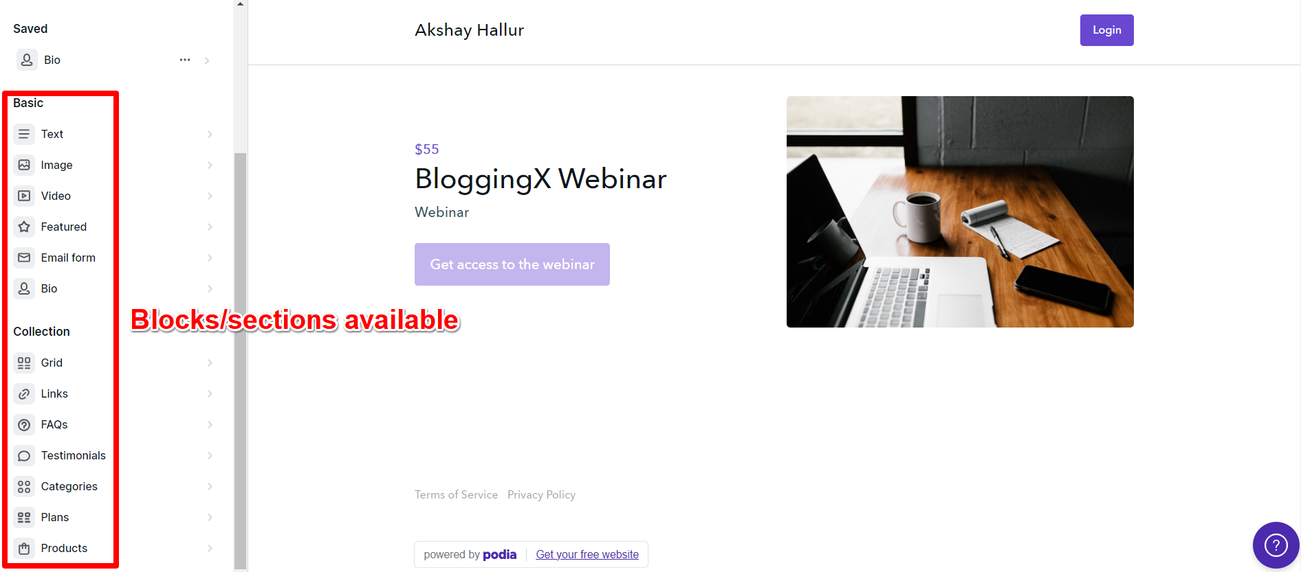 Podia page design blocks