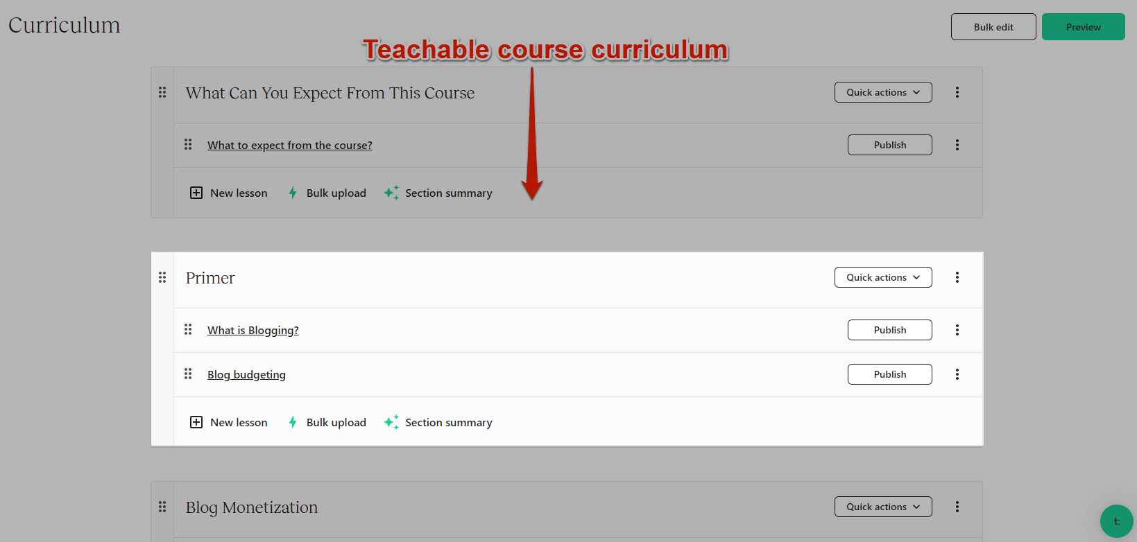 Teachable course curriculum