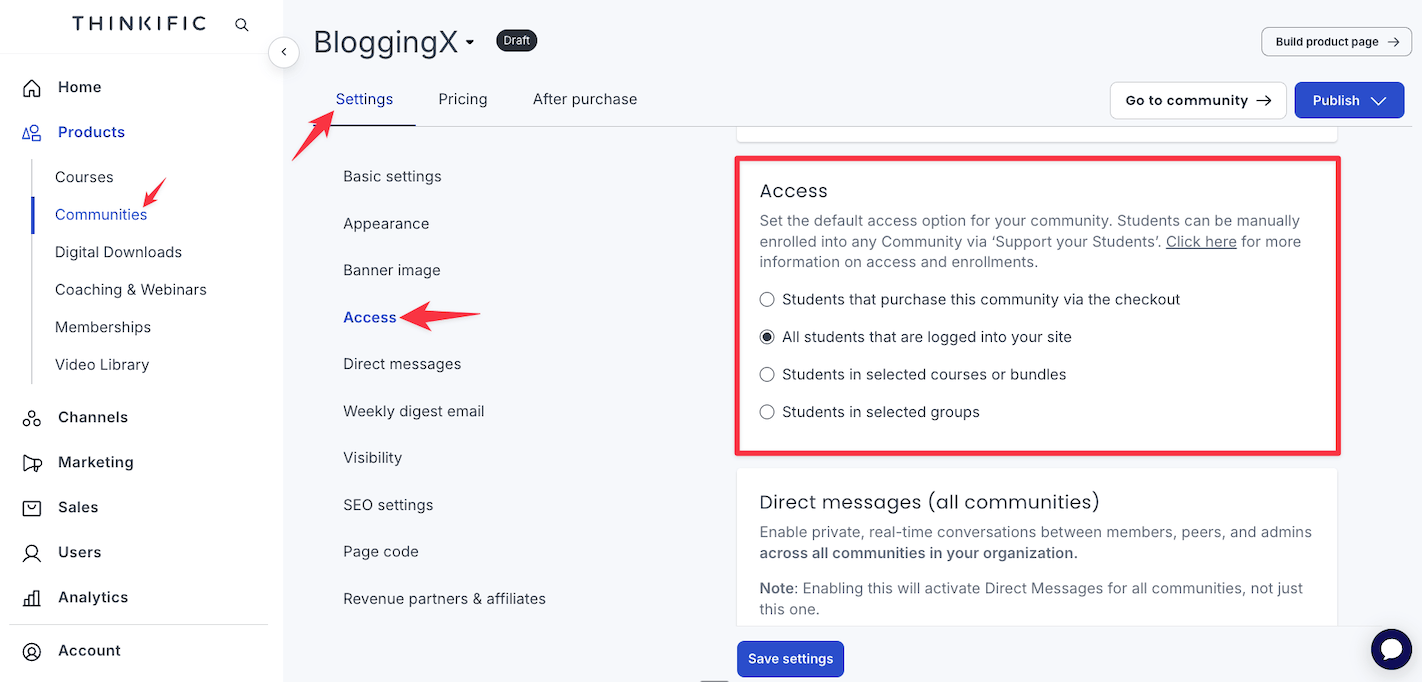 Thinkific community settings