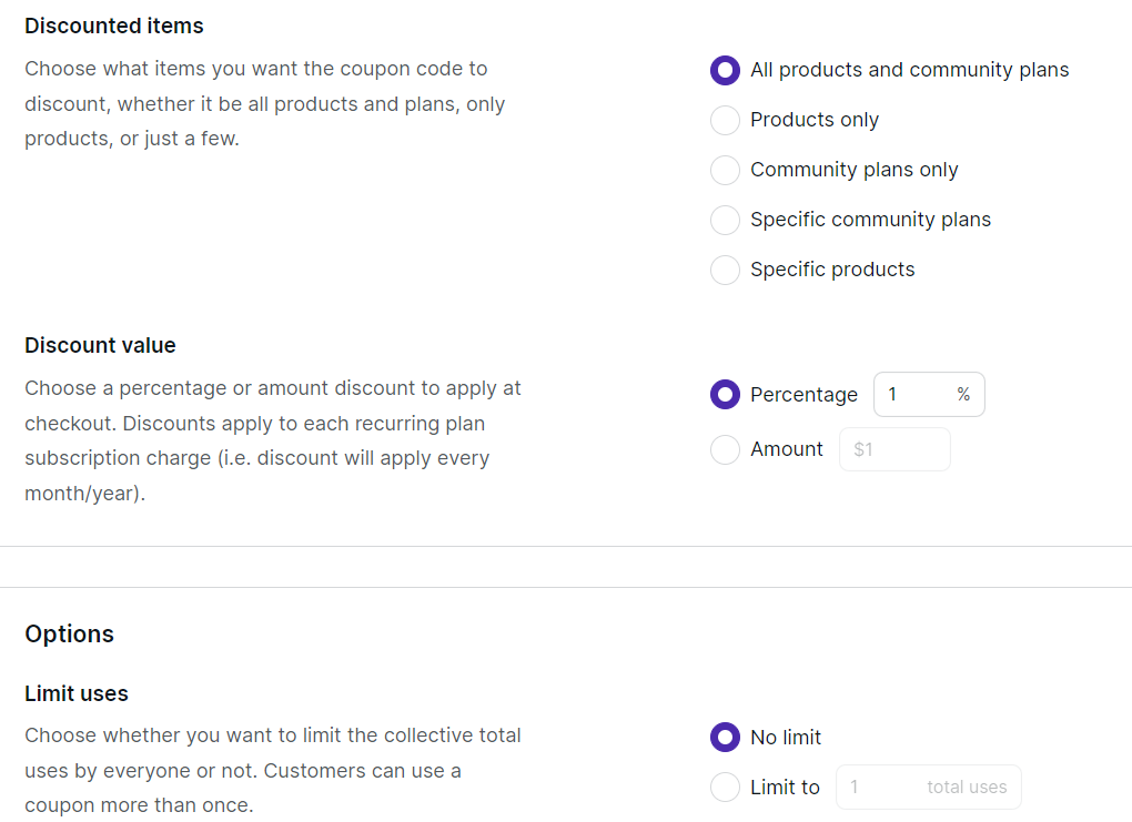 Type of coupons Podia