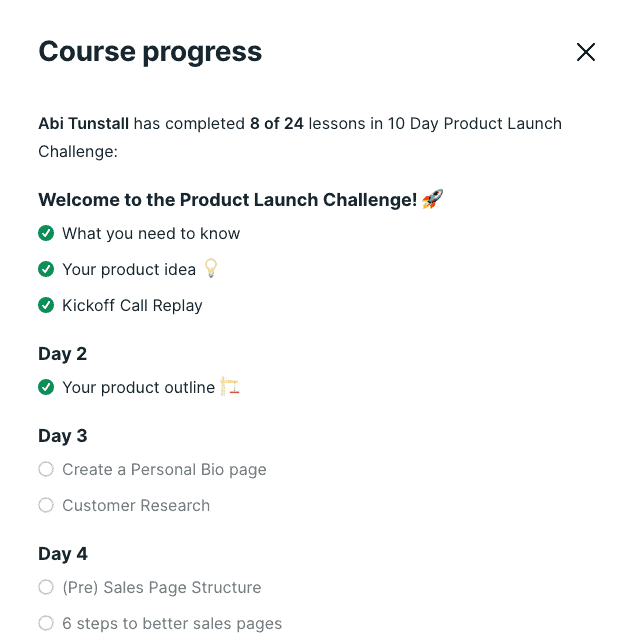 course progress report in podia