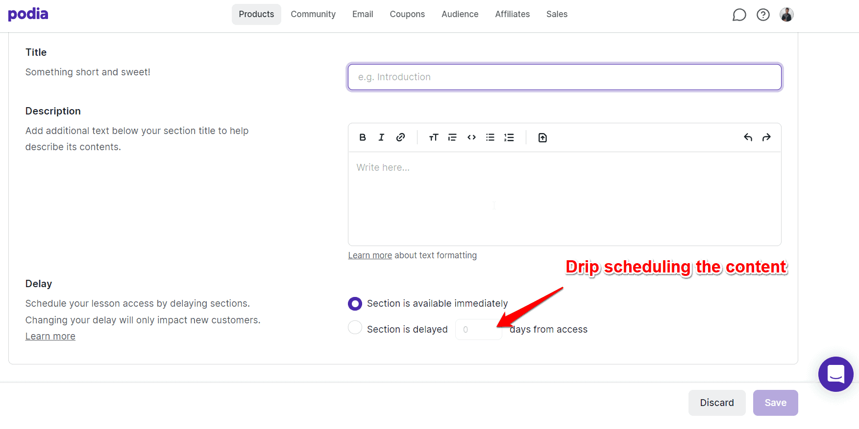 drip scheduling the content in podia 1