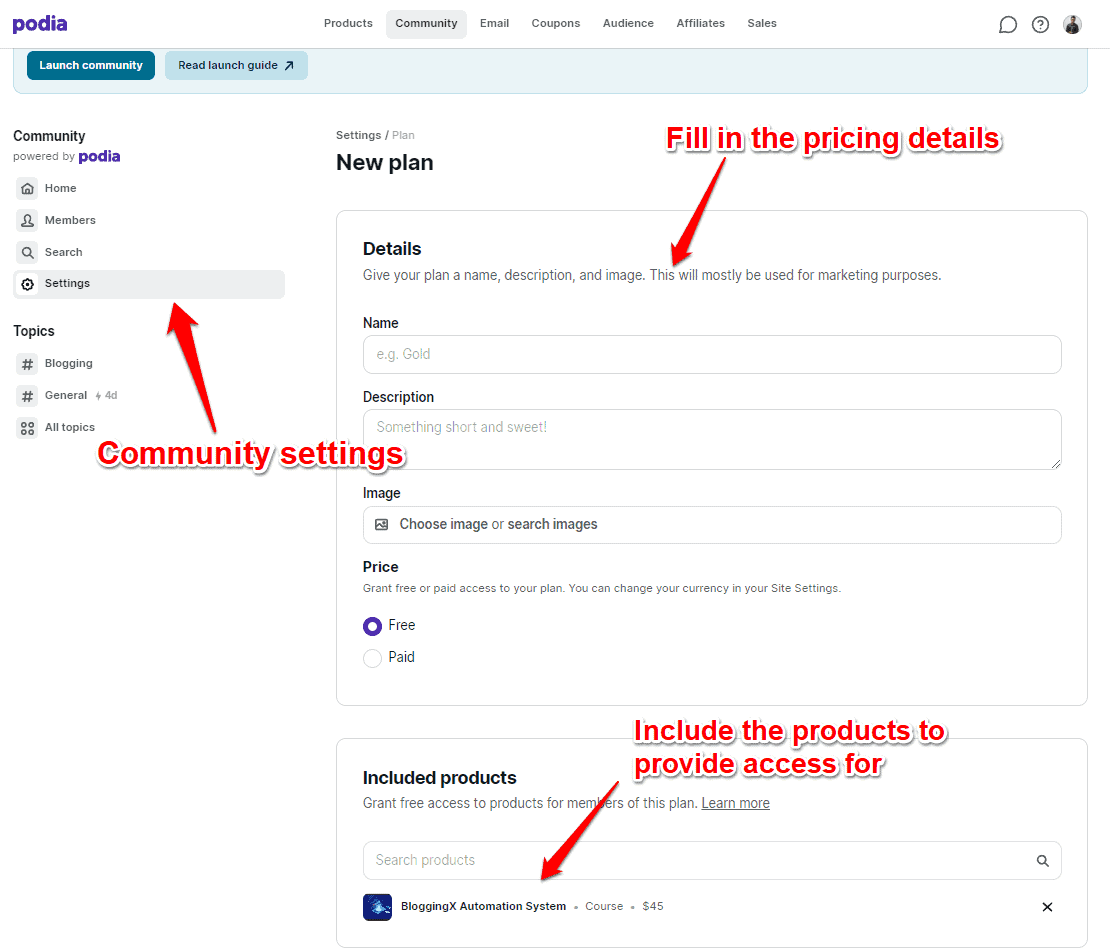 podia community settings 1
