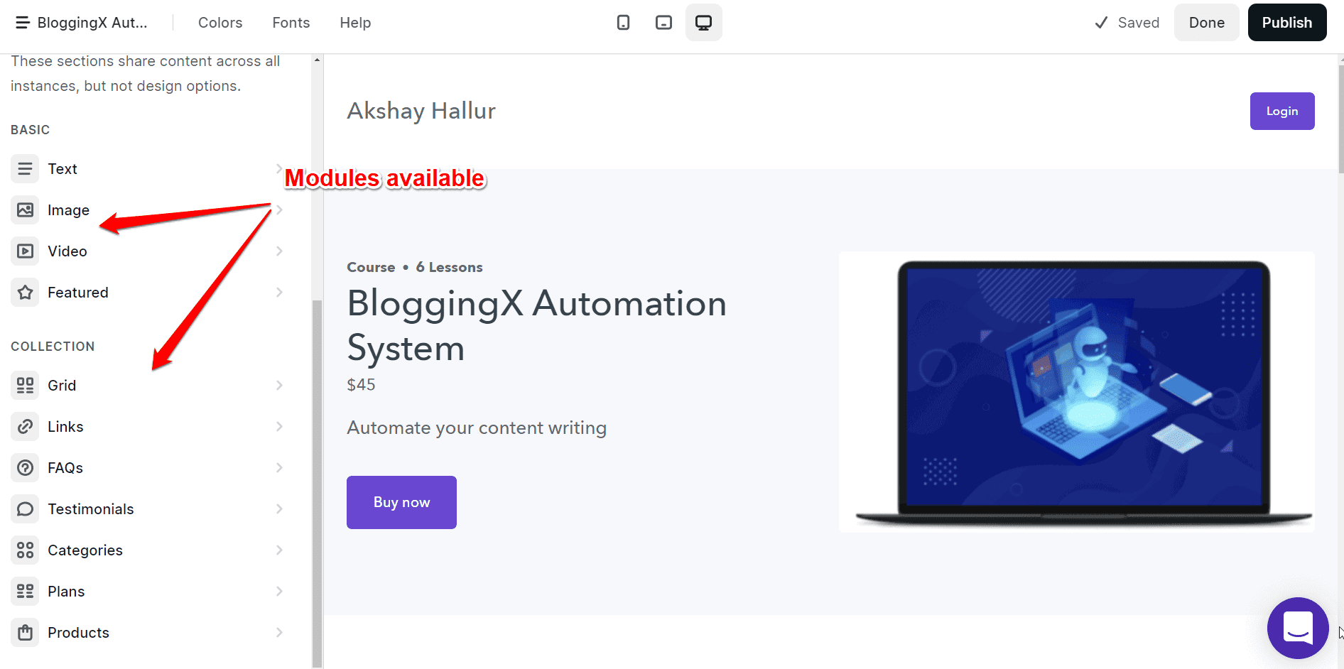 podia page building modules