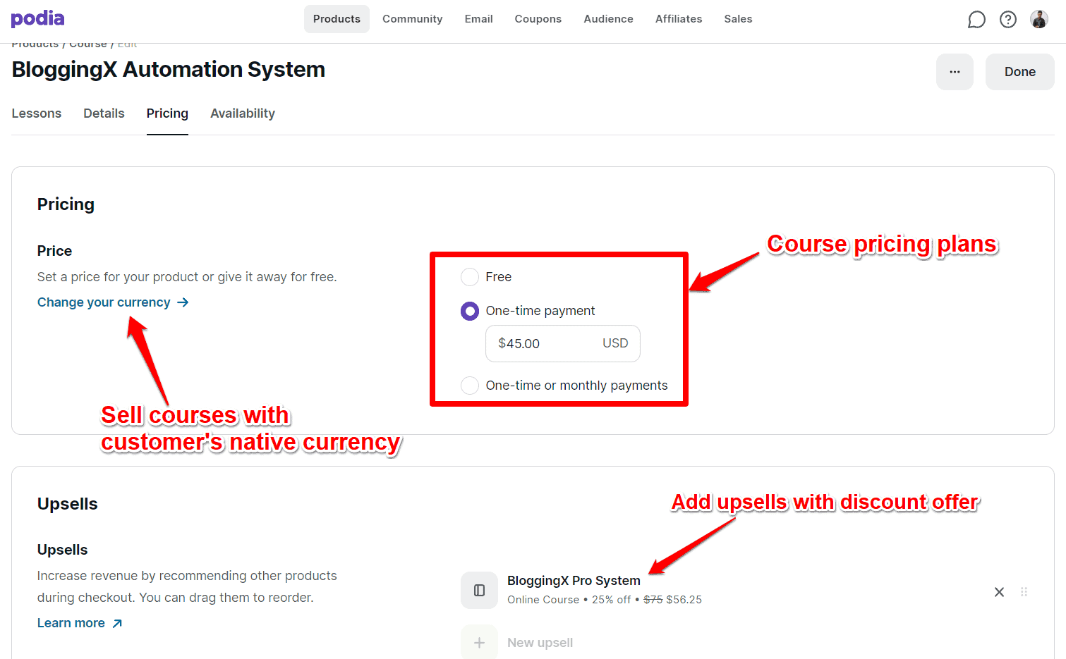 setting up the course pricing in podia 1