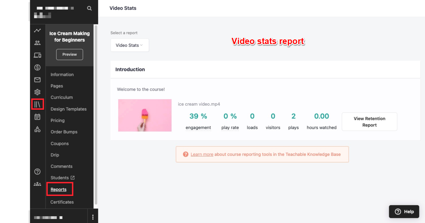 teachable video stats report